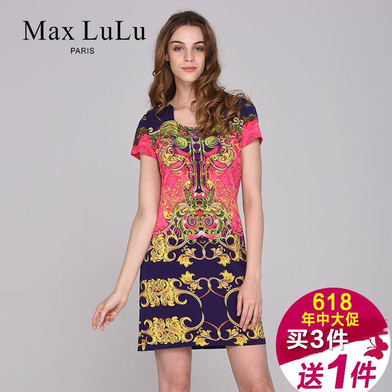 maxlulu2015夏新款女装复古印花连衣裙妈妈装气质短袖ZL5-051
