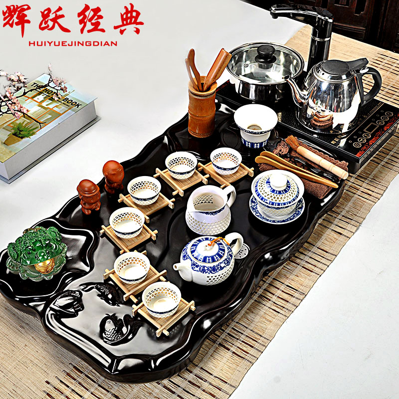 辉跃经典陶瓷汝窑茶具特价整套玻璃功夫茶具套装电磁炉科技木茶盘
