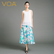 VOA 白底蓝花假两件拼接圆领无袖真丝连衣裙 双层蚕丝套裙A6761图片
