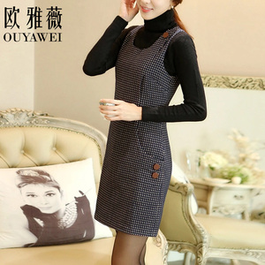 <em>2014新款</em>冬季毛呢连衣裙秋冬无袖千鸟格<em>背心</em>