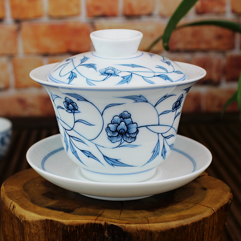 贵和祥大号青花瓷三才盖碗景德镇功夫茶具大容量手绘盖碗茶杯包邮
