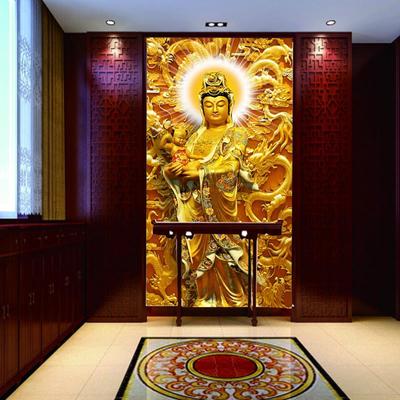 佛像壁画送子观音菩萨壁纸3d佛堂寺庙宗教庵玄关客厅屏风背景墙纸