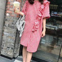 2017夏季新品 后背蝴蝶结格子棉麻连衣裙 A43774 韩国进口代购