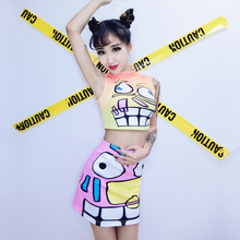 DS演出服夜店酒吧女歌手DJ领舞服装 涂鸦卡通背心包臀裙两件套 新款