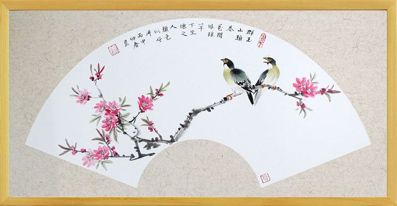 包邮手绘国画装饰画花卉花鸟带框中式扇面字画实木框客厅餐厅定制