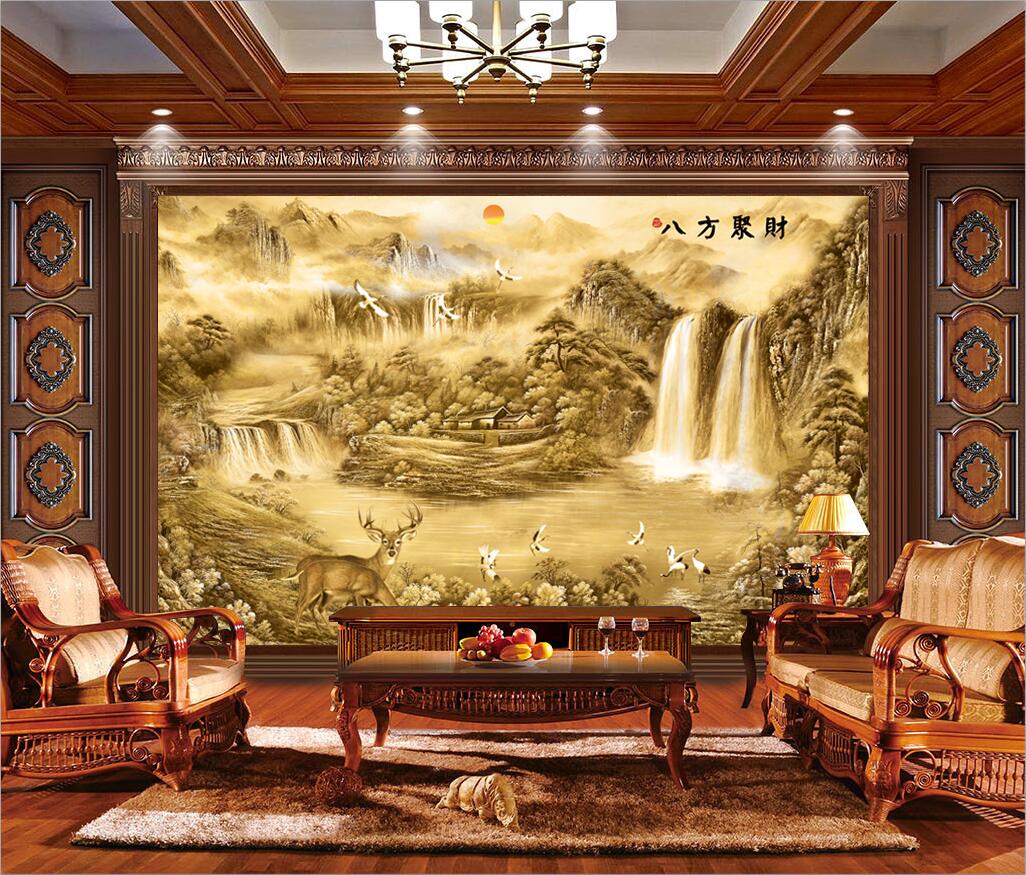 金色麋鹿山水画八方聚财聚宝盆办公室整张宣绒布真丝布客厅电视墙