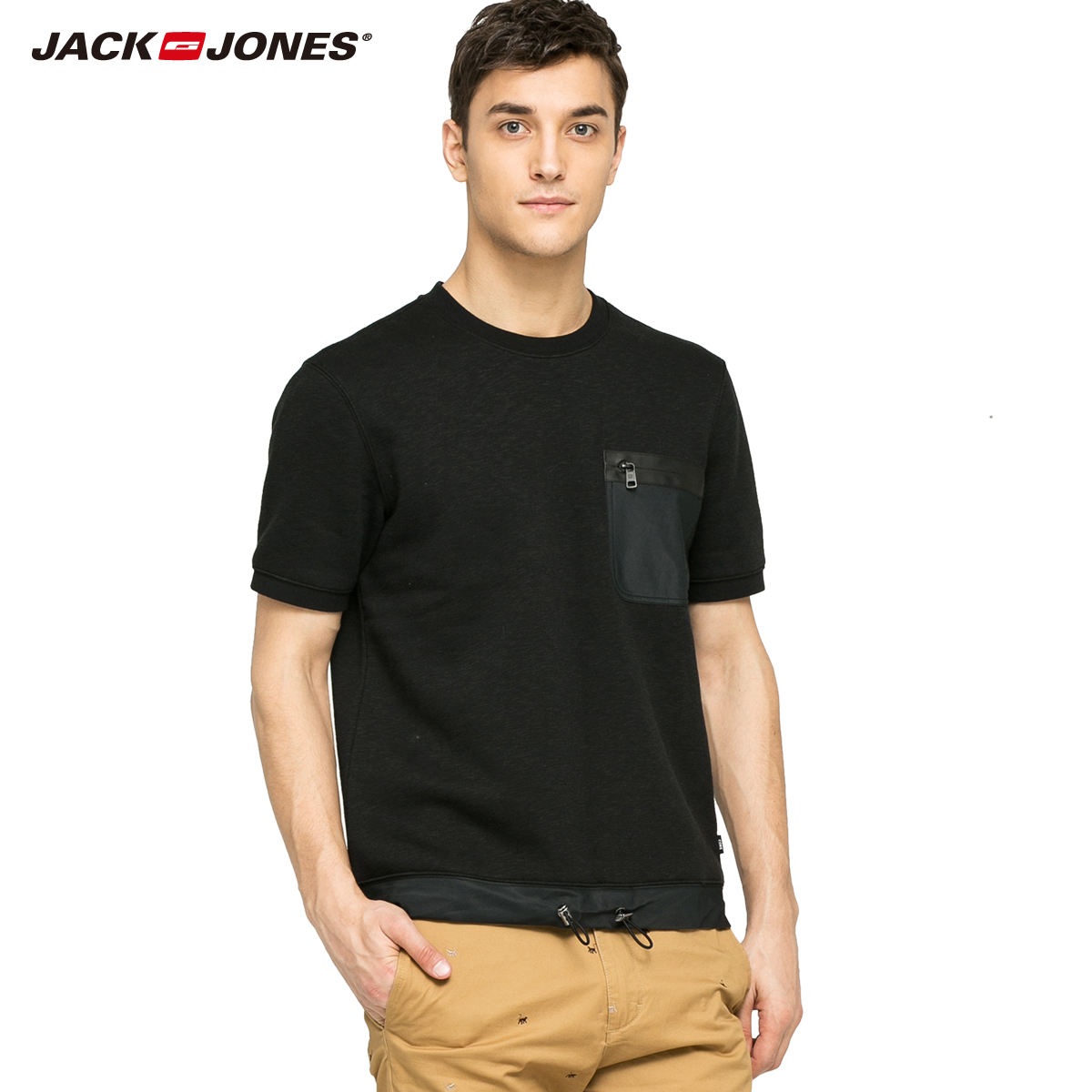 jackjones杰克琼斯植绒拼接口袋男装春百搭短袖t恤|216101046