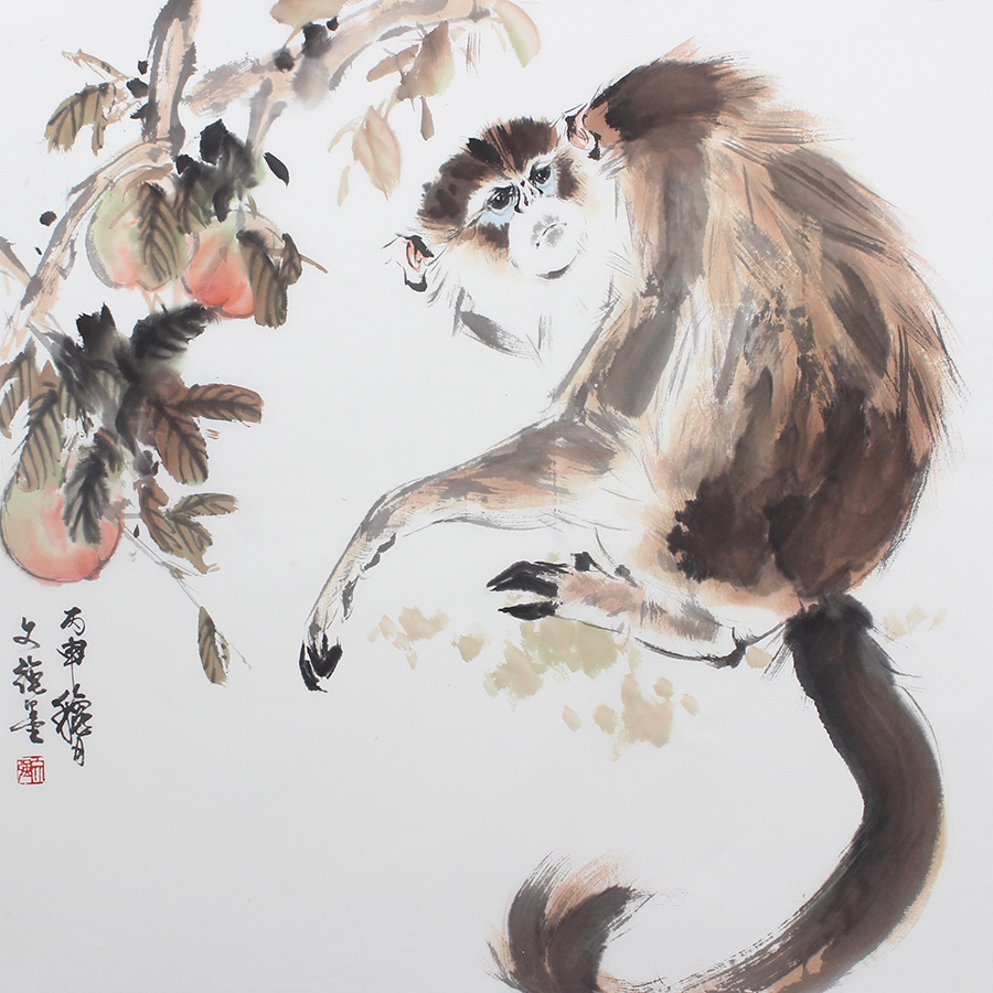 纯手绘四尺条幅客厅写意生肖猴子桃子偷桃图名人字画真迹国画书画
