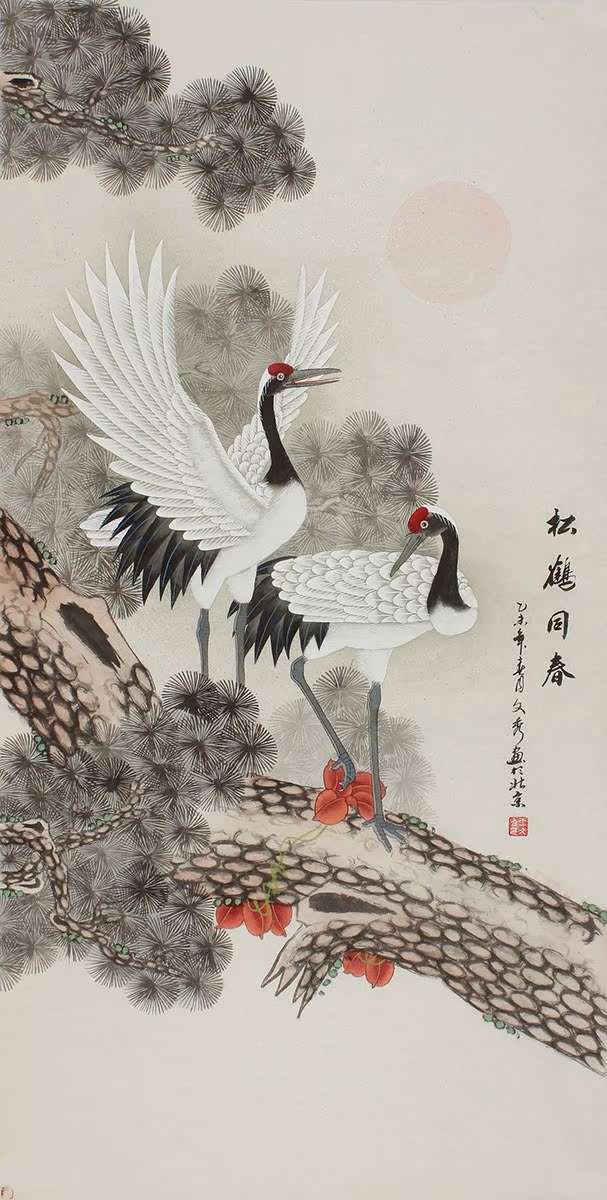 纯手绘四尺条幅客厅真迹工笔花鸟仙鹤梅花梅鹤迎春名人字画中国画