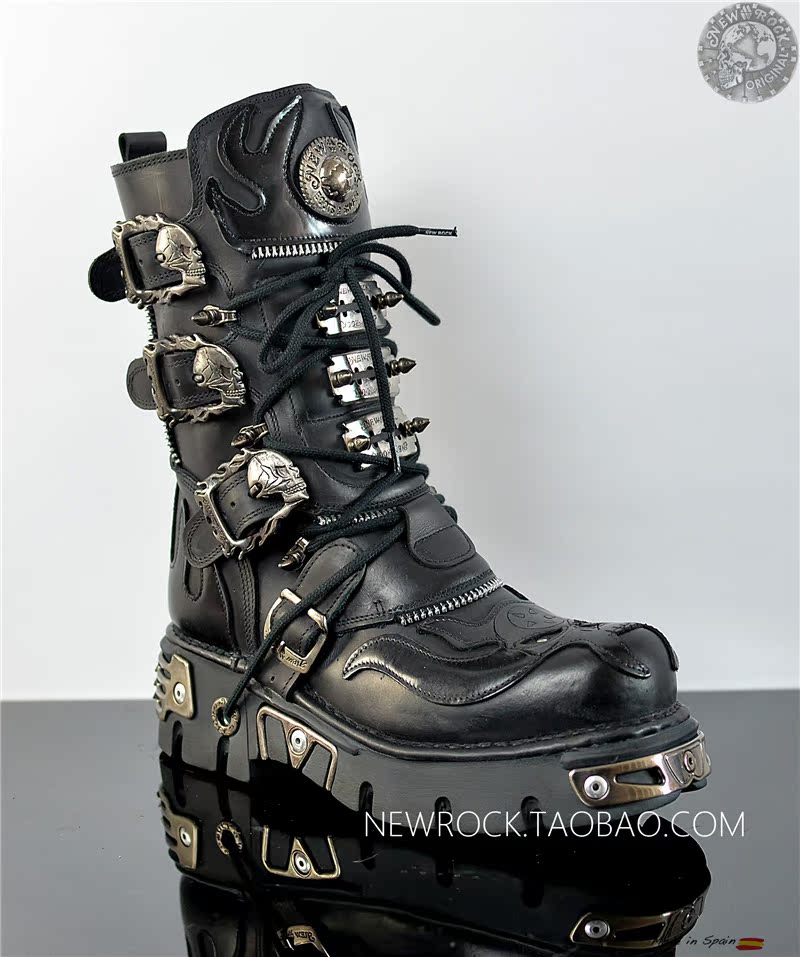 newrock定制真皮手工黑暗摇滚朋克金属中筒厚底军靴739-c1