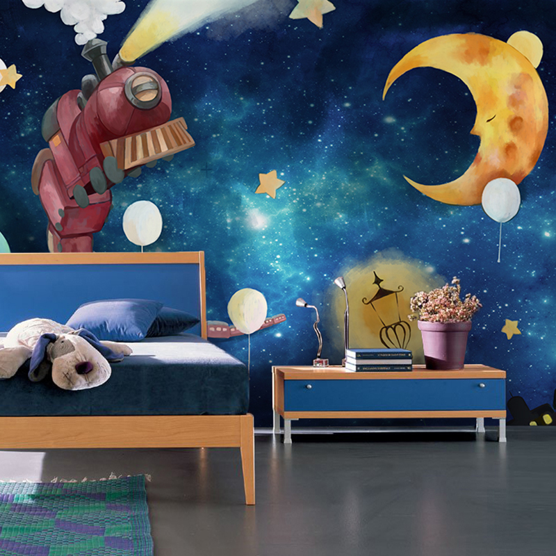 定做卡通墙纸 儿童房卧室床头背景墙壁纸 星空火车幼儿园壁画墙布