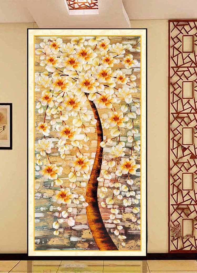 3d立体彩雕发财树玄关过道背景墙纸 欧式客厅走廊壁纸