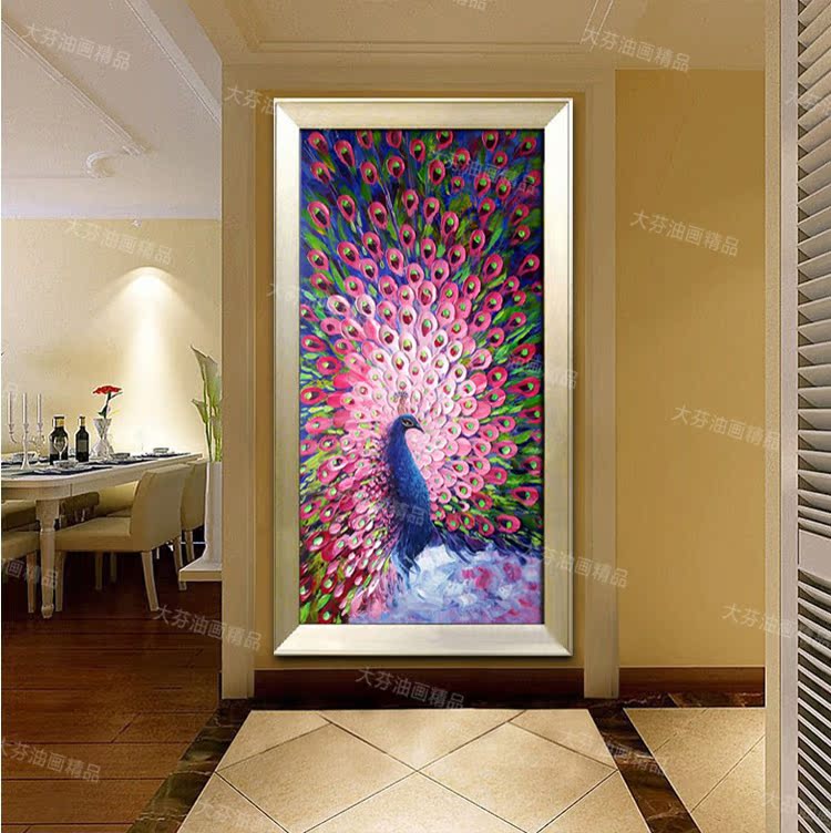 客厅玄关书房间办公室酒店大堂风水画抽象纯手绘油画孔雀开屏挂画