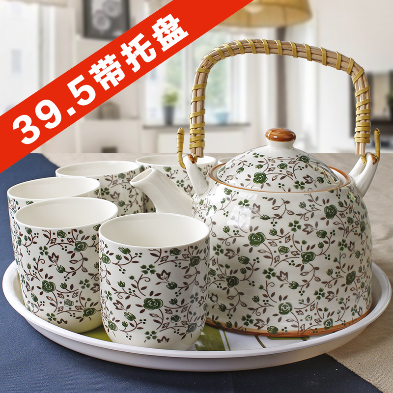 秒杀王 景德镇陶瓷7头提梁 整套茶具套装绿碎花 茶杯子 茶壶 礼品