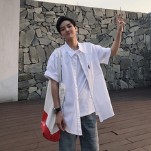 1CHEN /夏季日系纯色美式工装衬衫 毛边做旧磨破宽松短袖衬衣男潮