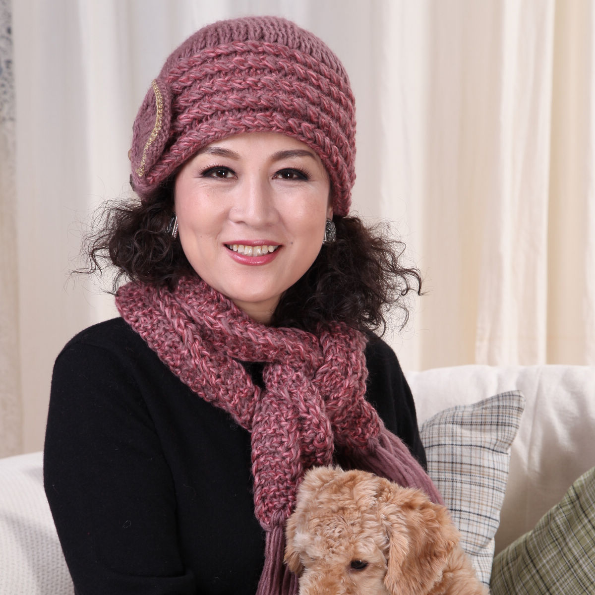 中老年帽子女冬天手工编织羊毛毛线帽套装围巾女士妈妈季毛线女士