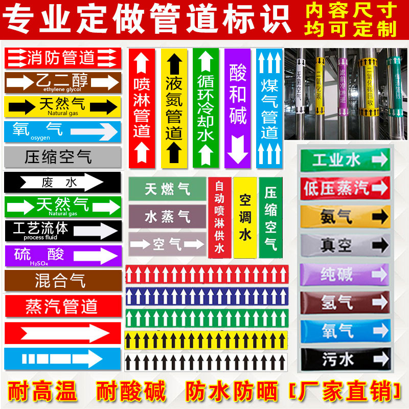 管道标识化工管路标贴反光标签标示介质流向箭