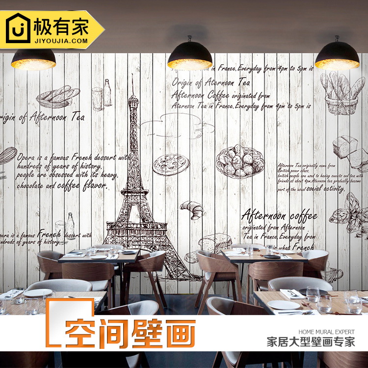 手绘简笔素描画做旧木纹西餐厅墙纸巴黎铁塔甜品奶茶咖啡店墙纸