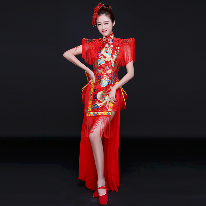 新款中国风民族舞打鼓服古典舞蹈演出服女现代旗袍扇子舞服装成人