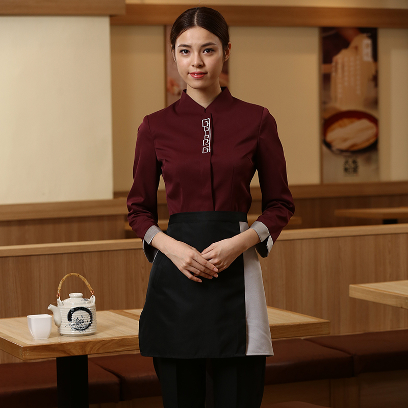 酒店工作服秋冬装女送围裙火锅饭店中餐厅餐饮服务员工作服长袖