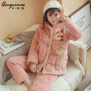 亲嘴猫三层加厚珊瑚绒夹棉睡衣