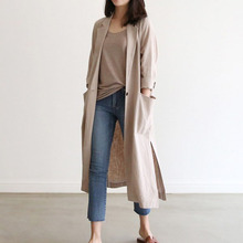 亚麻防晒外套春秋 棉麻小西服 风衣薄 韩国代购 女长款 春夏季西装