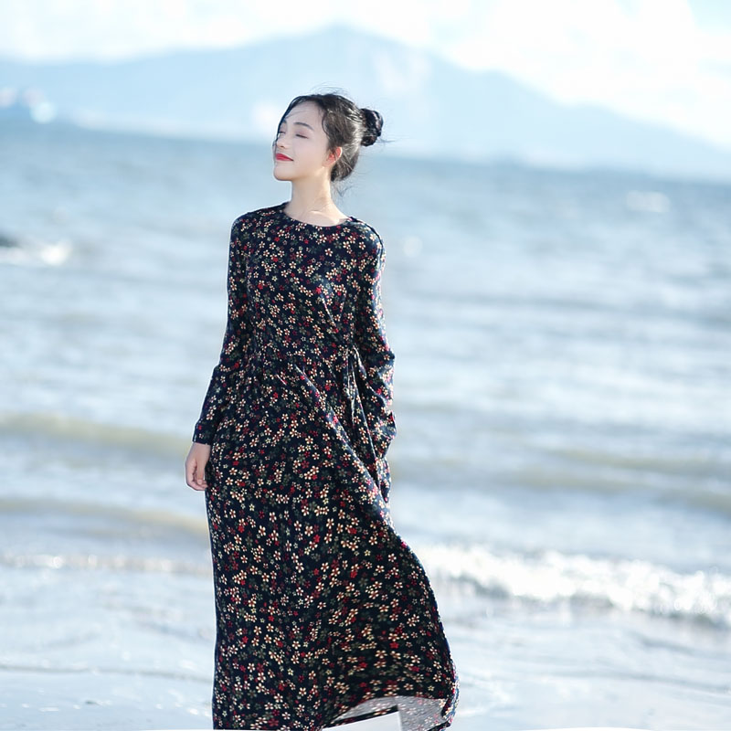 文艺复古纯棉小碎花长袖连衣裙秋冬中长款宽松系带打底棉麻长裙秋