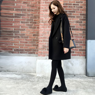 2017冬装新款韩版女装宽松显瘦中长款羊毛呢大衣茧型黑色毛呢外套