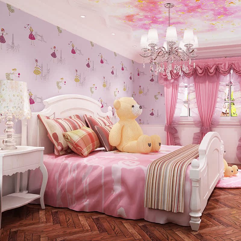 粉红色公主房女孩儿童卧室壁纸 儿童房墙纸腰线温馨纯