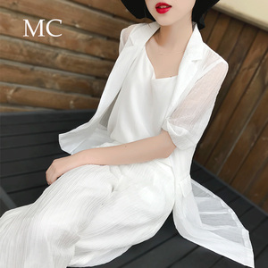 MC欧美女装 天丝气质中长款时尚西服外套阔腿裤西装套装两件套女女装