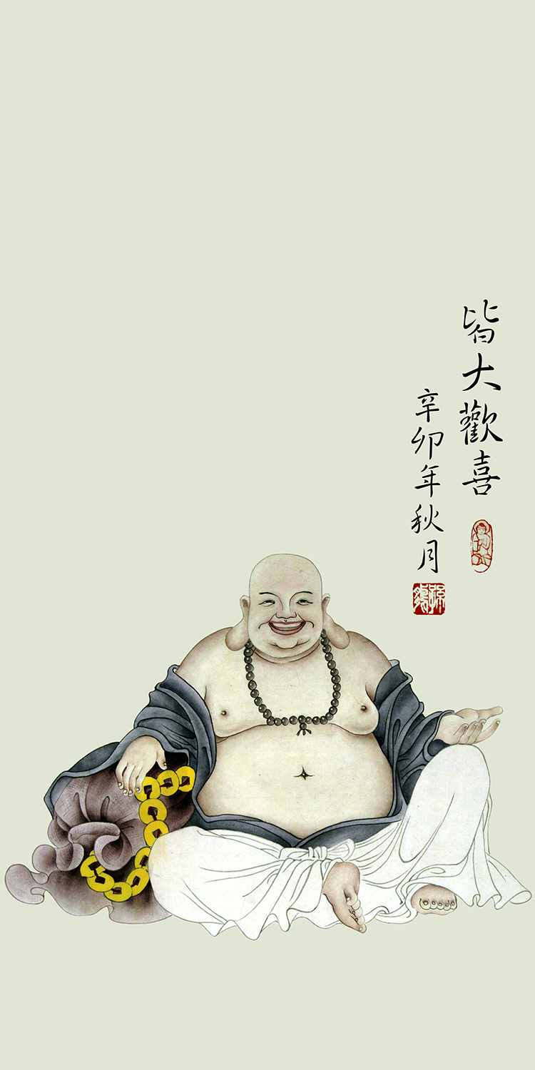 弥勒佛笑佛像画像佛教挂画皆大欢喜国画卷轴画丝绸画佛教挂画新品