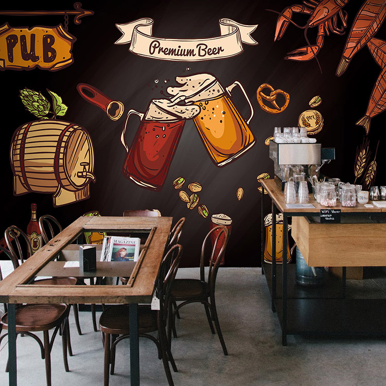 3D复古酒吧墙纸啤酒主题酒文化壁画休闲吧餐