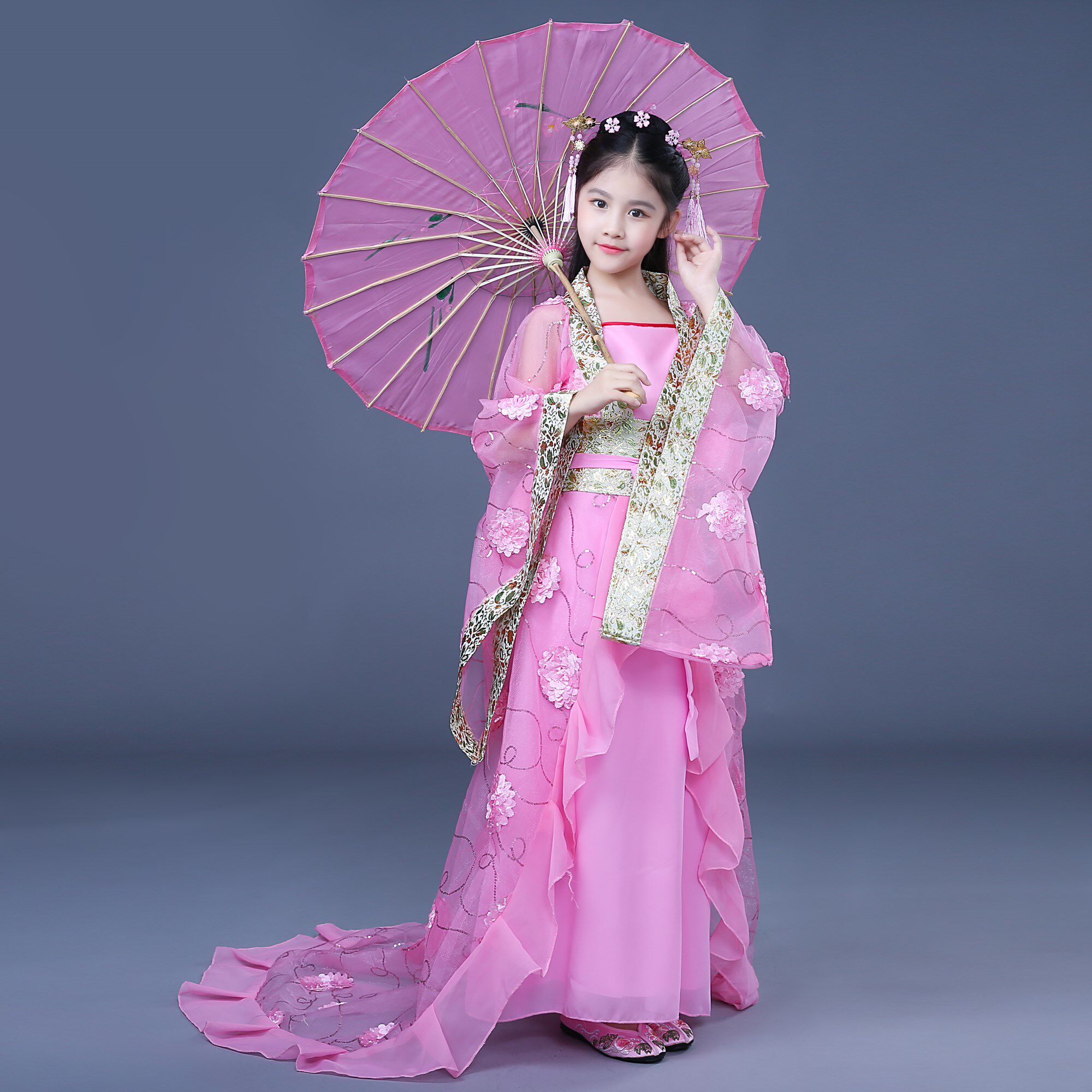 儿童古装女童汉服公主小贵妃拖尾仙女风古筝舞蹈cos摄影演出服装