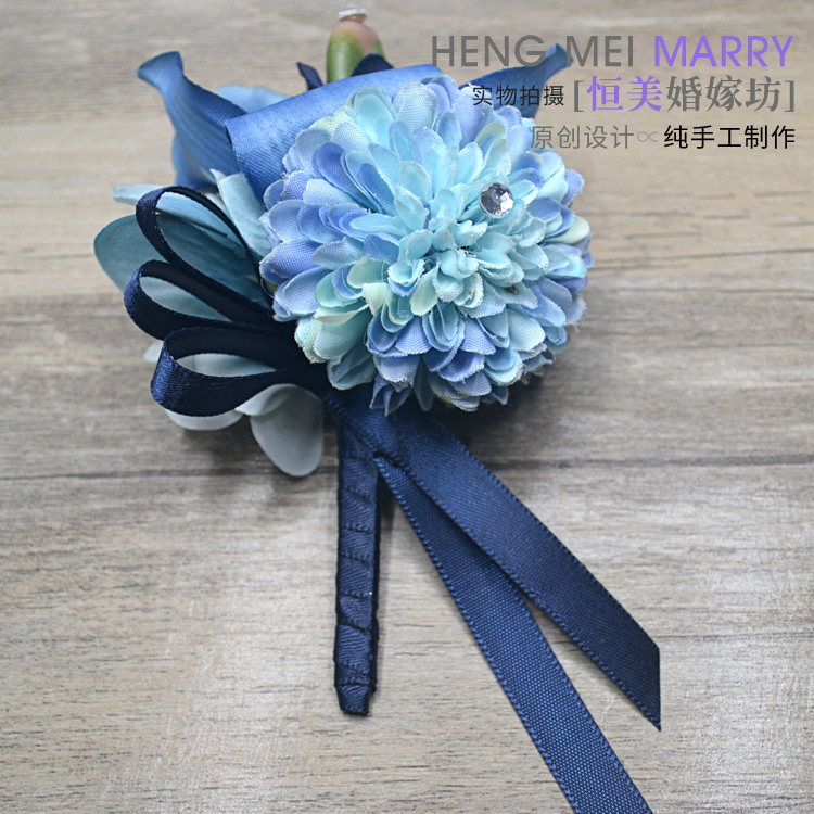 蓝色胸花会议商务新娘新朗襟花 胸花结婚婚庆用品 珍珠链手腕花