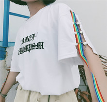 T恤女 子飘带圆圈宽松短袖 韩国ulzzang原宿BF风刺绣字母袖 夏季新款