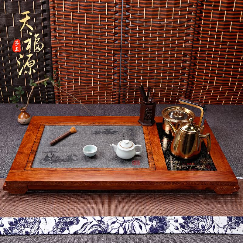 TFY天福源茶盘自动加水抽水四合一电磁炉茶盘具乌金石花梨木茶盘