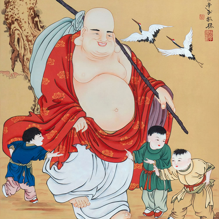 弥勒佛画像卷轴画弥勒欢喜图丝绸画大肚布袋笑佛挂画办公室装饰画