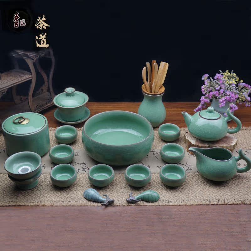 正品龙泉青瓷哥窑23头功夫茶具套装陶瓷冰裂整套茶具汝窑特价包邮