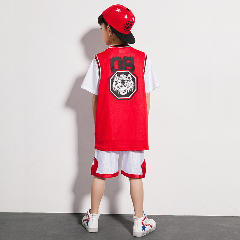 新款儿童街舞演出服装男童宽松篮球网眼背心短