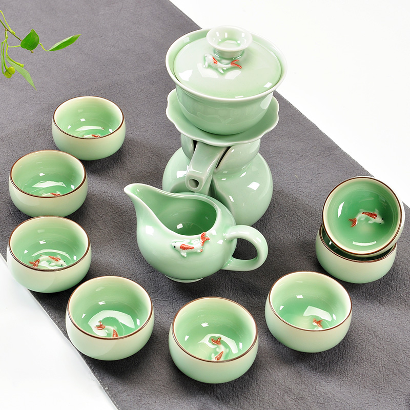 龙泉青瓷窑变半全自动功夫茶具整套装鱼杯懒人陶瓷防烫冲泡器