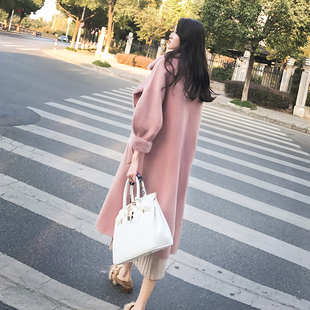 2017冬季新款女装韩版中长款过膝毛呢外套女气质粉色呢子大衣加厚