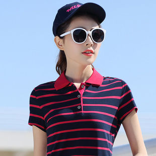 polo衫短袖女t恤衫条纹翻领体恤夏季纯棉修身
