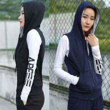 运动服外套 坎肩跑步修身 纯棉运动马甲女连帽卫衣休闲无袖 夏季薄款