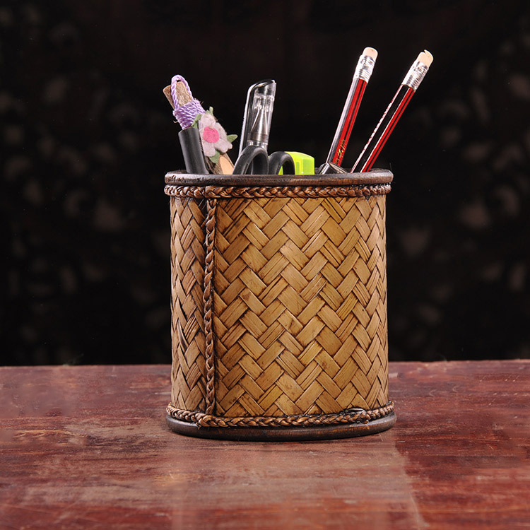 泰国进口实木家居东南亚经典时尚环保创意竹编笔筒收纳盒文具用品