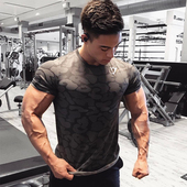 男肌肉兄弟迷彩透气速干弹力健身T恤衫 gymshark运动健身短袖 新款
