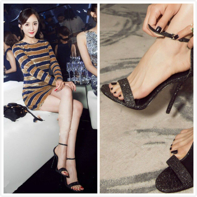 杨幂同款一字带高跟鞋女夏细跟2017新款露趾黑色时尚百搭简约凉鞋