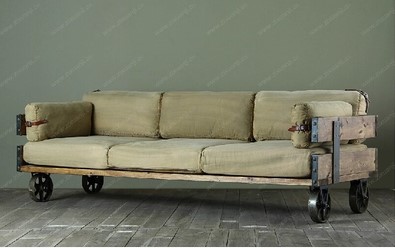 美式复古实木沙发椅 铁艺实木三人沙发 带轮做旧软皮沙发组合椅子