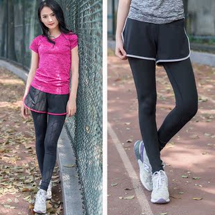春夏运动裤假两件弹力紧身健身裤女春夏跑步瑜伽休闲马拉松长裤女
