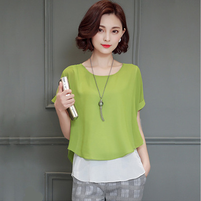 雪纺衫女短袖2016夏装新款韩版宽松大码胖m