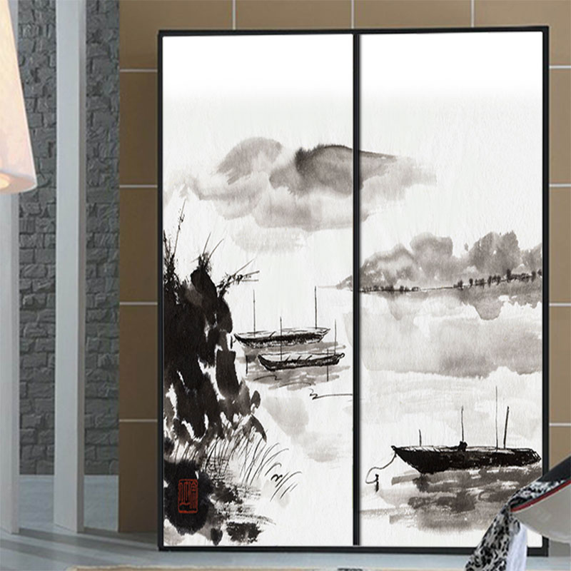 定制黑白大型国画 水墨山水画 玻璃墙贴膜 移门贴纸 书房窗户贴纸